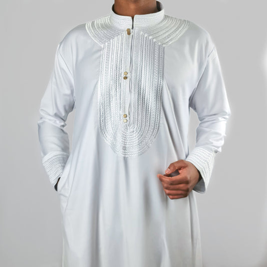 White Embroidered Kuwaiti Thobe